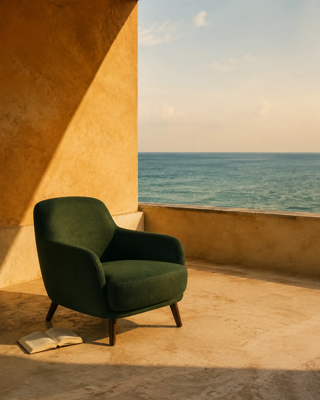 An open book and a green chair beside a quiet sea, in the afternoon sun
